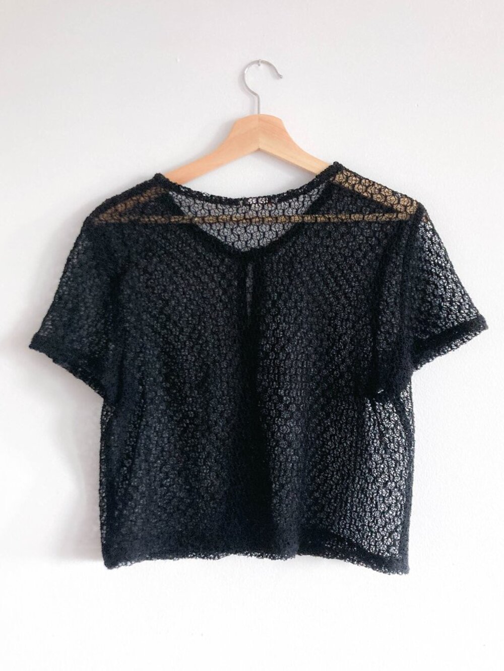 Vintage 90s Crochet Open Front Button Short Sleeve Top Black